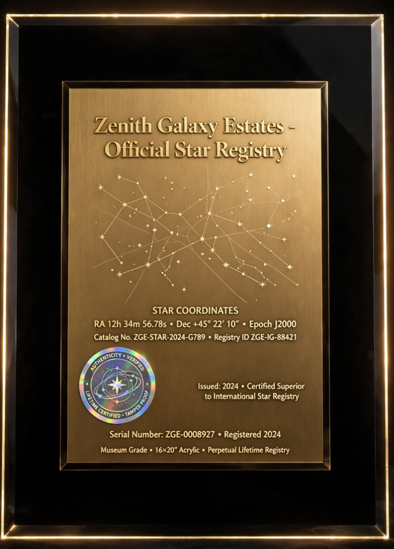 Zenith Galaxy Estates Official Star Registry Plaque — museum grade gold acrylic