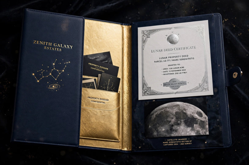 Zenith Galaxy Estates Elite Package — Own The Universe — complete premium gift set with Moon deed, Mars deed, star certificate, three plaques, astronaut kit and travel license