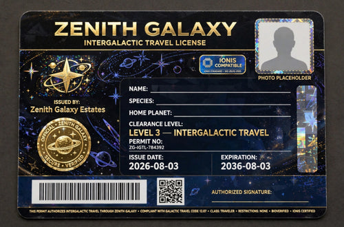 Zenith Galaxy Intergalactic Travel License novelty ID card