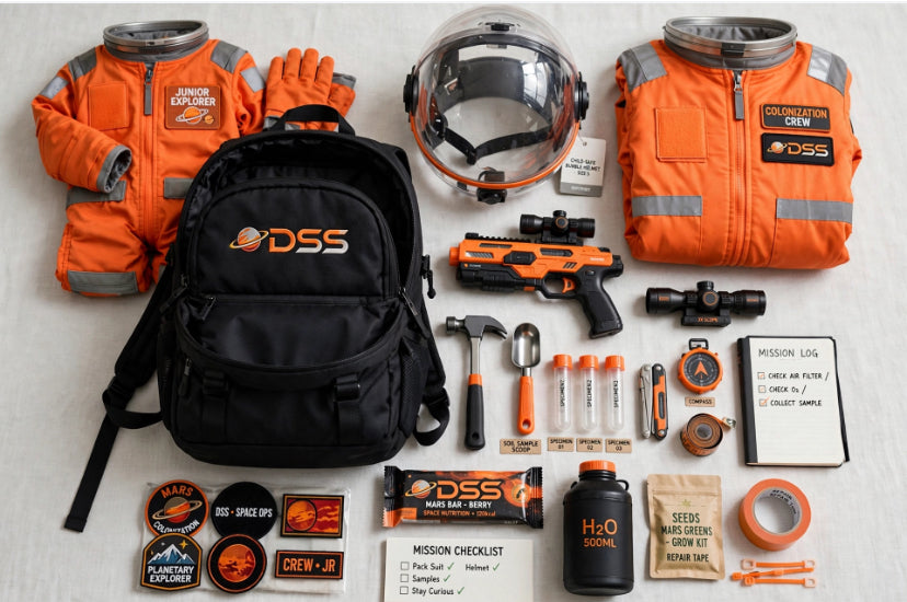 A DSS (Deep Space Exploration) themed survival kit and gear set arranged neatly on a light gray background. The set includes an orange jumpsuit, an orange helmet with a clear visor, an orange gloves, a black backpack with an orange DSS logo, an orange toy blaster, a mini scope, a hammer, a flashlight, a water bottle, a pouch of seeds, and various patches and a mission checklist.