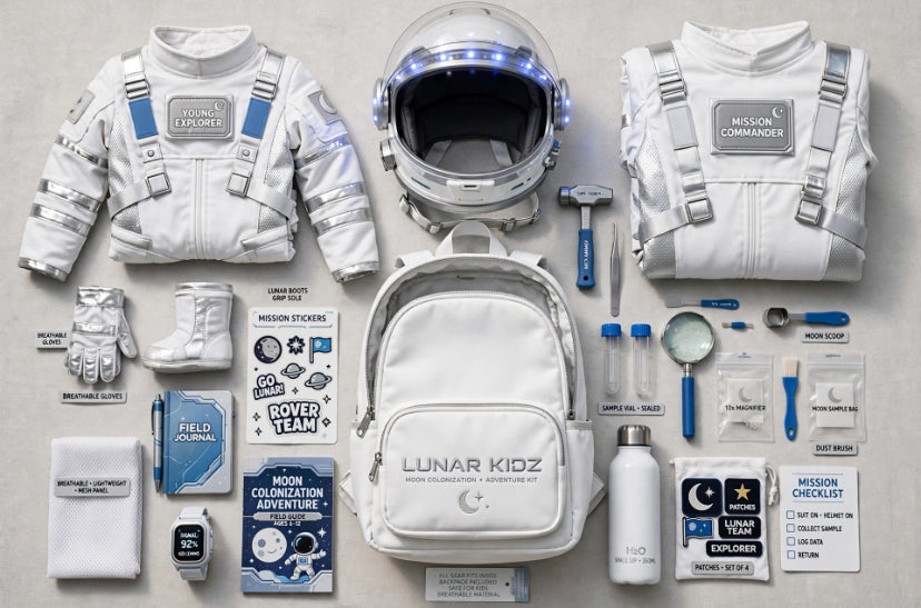 A themed astronaut space exploration kit laid out on a light gray surface, featuring a white astronaut suit, helmet, mission commander vest, backpack, gloves, boots, tools, stickers, journal, watch, and other space-themed accessories.