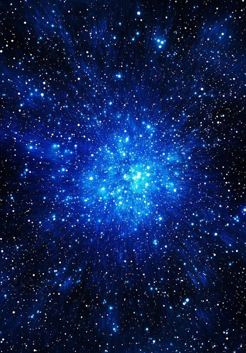 A vibrant blue starburst nebula in deep space, featuring a brilliant glowing core that fades into countless small white stars against a dark navy and black cosmic background.