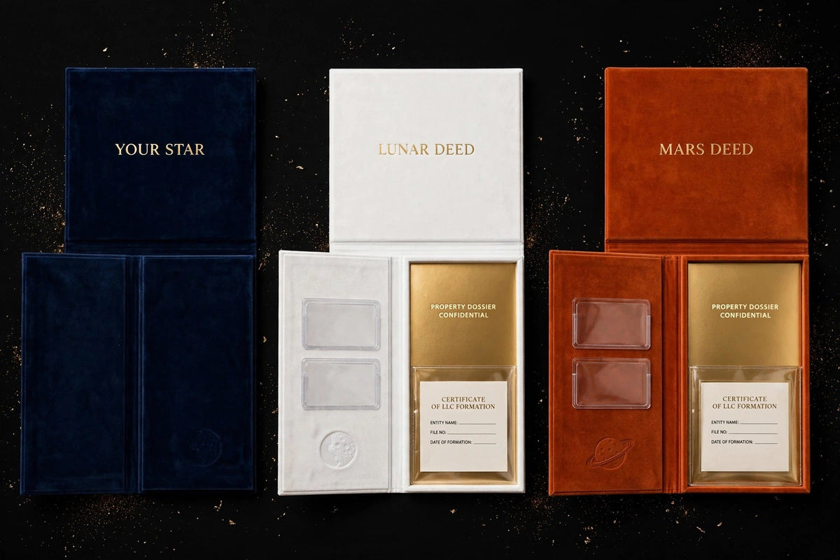 Mars Deed presentation box - rust orange velvet with gold certificate